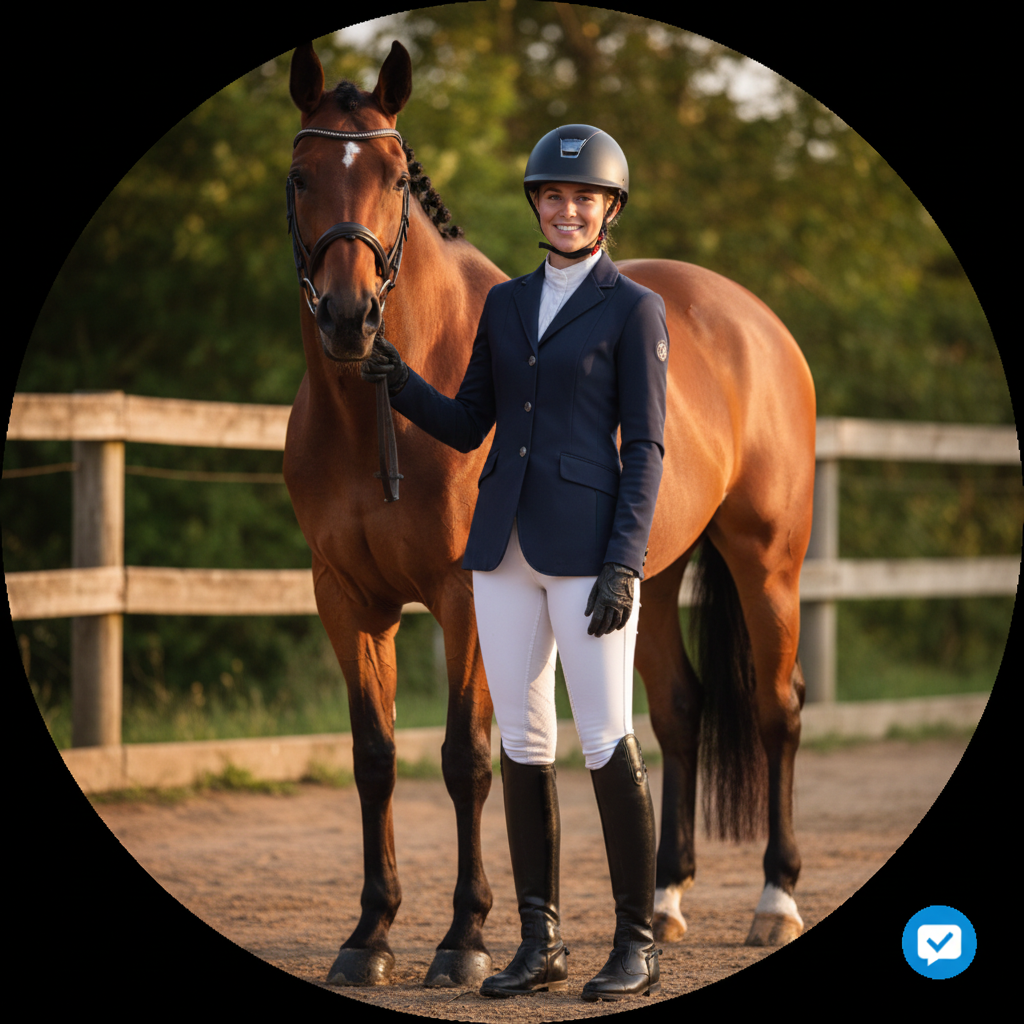 Design a highly realistic circular avatar of a horseback rider wearing proper riding gear, standing beside a horse in an outdoor stable environment, natural lighting, authentic skin tones, and a clean verified badge. The image must appear like a genuine photograph.