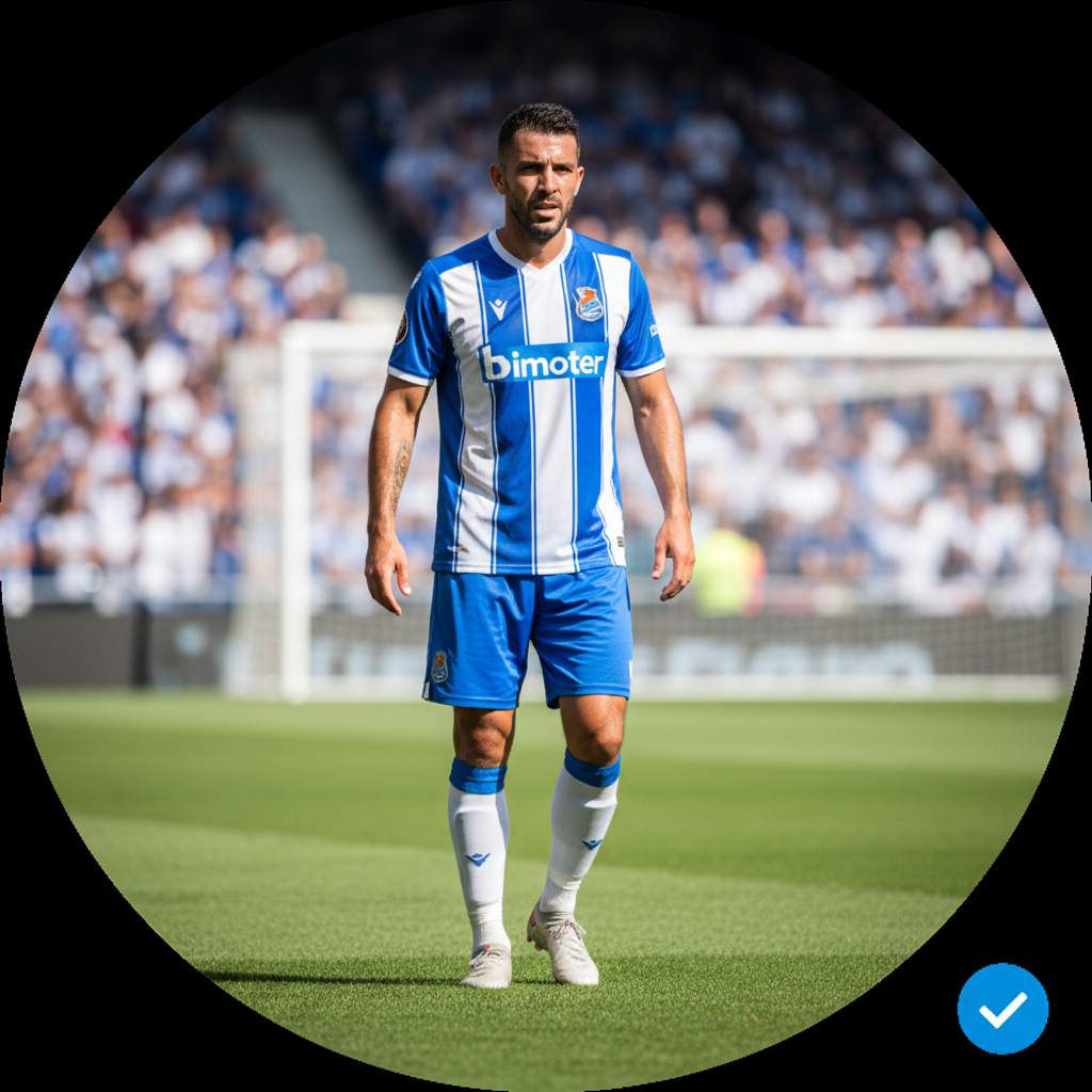 Generate a hyper‑realistic circular avatar of a professional football/soccer player standing near the touchline of a large football stadium, with green grass, white field markings, and a goalpost visible in the blurred background. The player wears an authentic soccer jersey and shorts. Use natural daylight, realistic skin texture, and a subtle verified badge. The image must look like a real photograph, not AI‑generated.