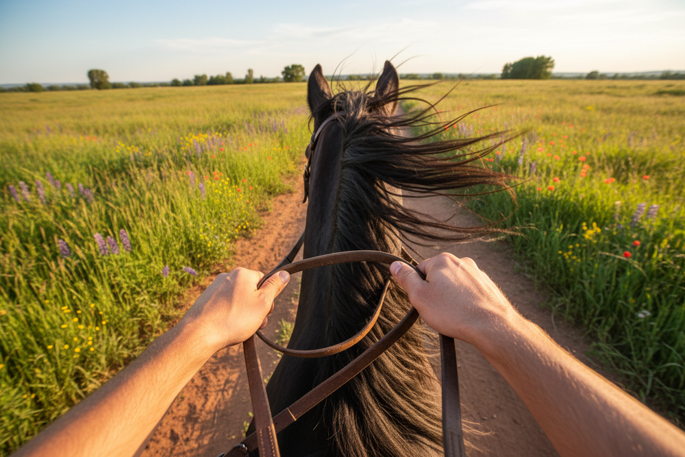 Generate an ultra-realistic first-person perspective image of someone riding a horse along a dirt trail surrounded by grassy terrain and open nature. The rider’s hands should be visible holding the reins, with the horse’s head and mane clearly in view. Use natural daylight, realistic motion blur, and authentic textures for the horse, hands, and surrounding landscape. The image must look like a genuine photograph taken with a high-end action camera. Do not include any text or labels in the image.
