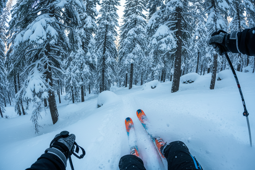 Generate an ultra-realistic first-person perspective image of someone skiing through a dense, snow-covered forest. The skier's legs and skis should be visible in the foreground, with ski poles in both hands. The environment must feature tall evergreen trees heavily laden with snow, and the scene should convey motion and speed. Use natural cold daylight, realistic shadows, and authentic snow texture. The image must look like a genuine photograph taken with a high-end action camera.